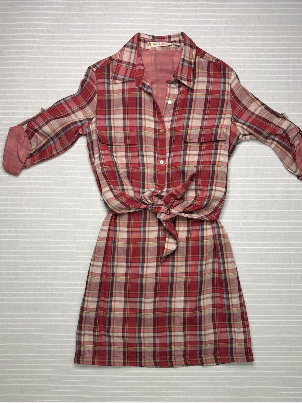 Chelsea & Violet Plaid Tie Front Shirt Dress Roll Tab Sleeve S